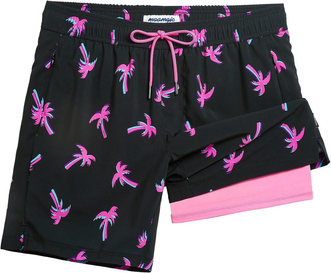 maamgic 2 in 1 Mens Swim Trunks 7 Inch Swim Shorts Swim Suits Board Shorts (Large, Coconut Tree-black)