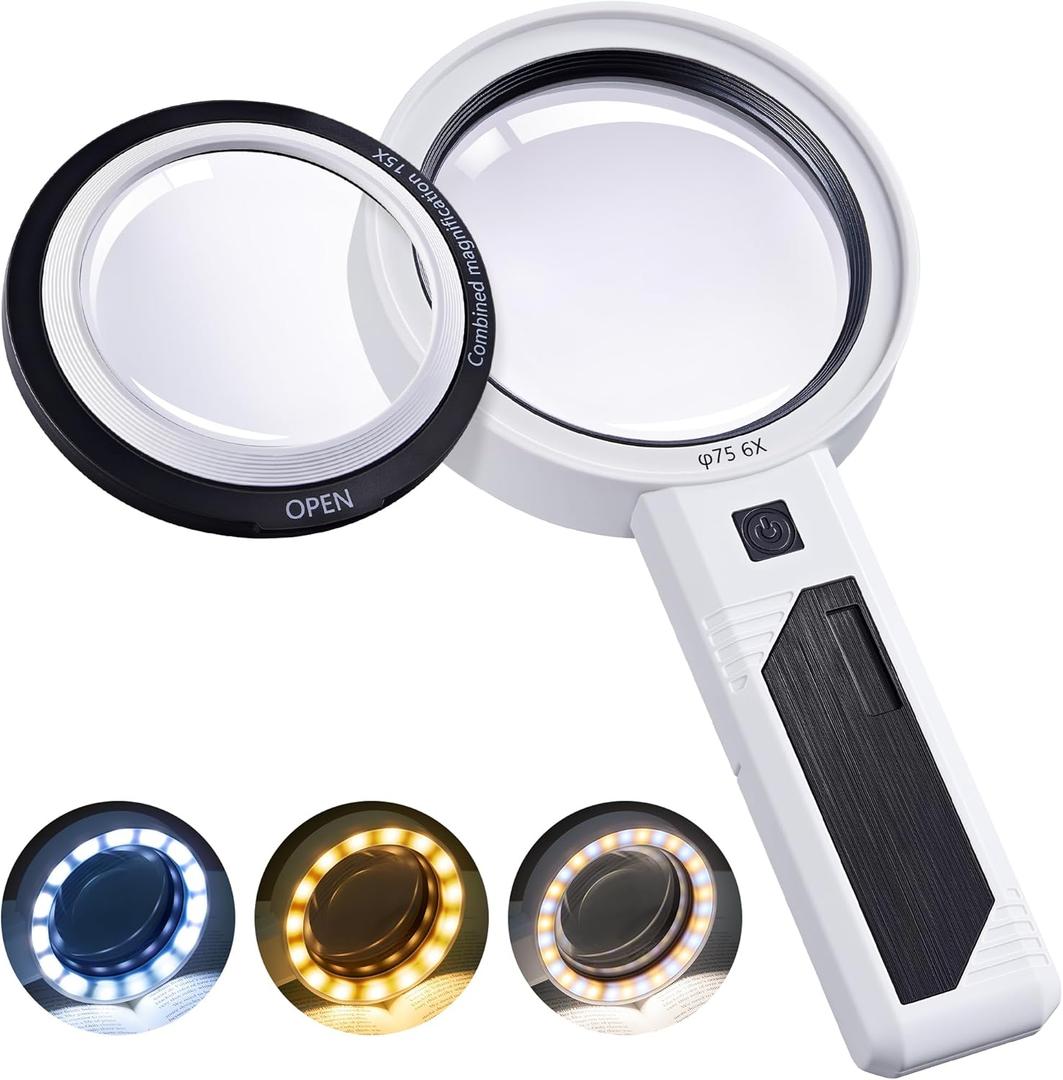 JARLINK Magnifying Glass with Light, Detachable Dual Lenses, 30 LED 3 Modes Lighted Magnifier for Seniors Reading, Close Work, Jewelry, Coins, Crafts
