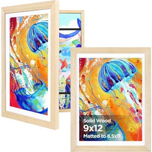 KINLINK 9x12 Kids Art Frame Set of 2, Solid Wood Kids Artwork Frames Changeable with Front Opening Hold 150 Pictures, Art Frames for Kids Art with Matwithout Mat 9x12 Picture Frame Natural