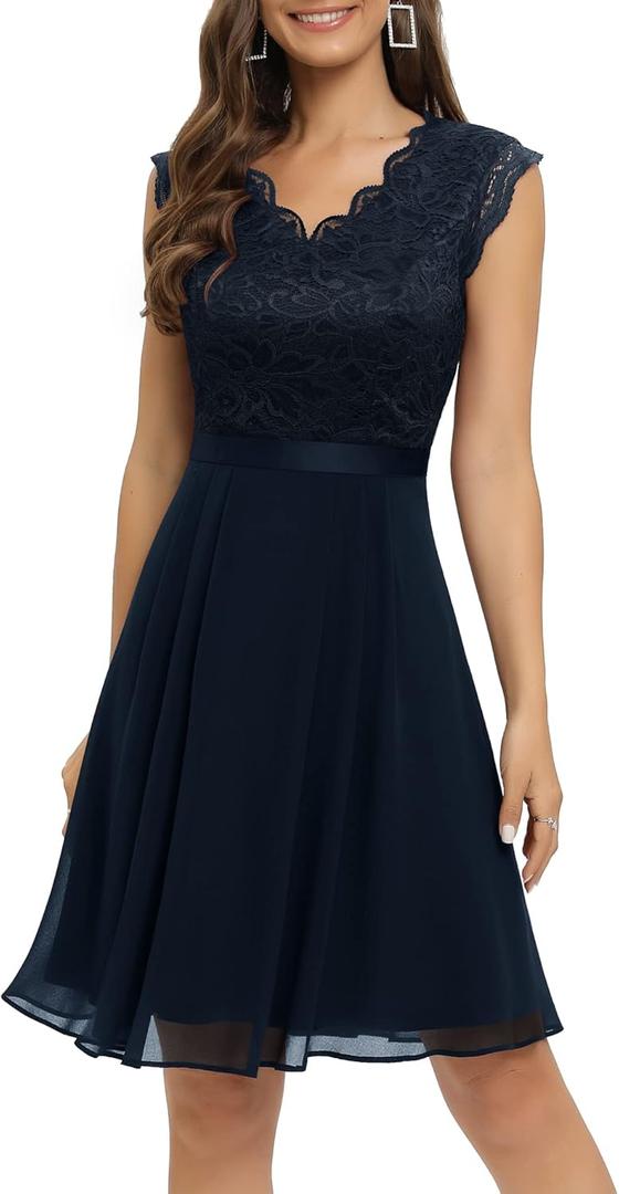 Dressystar Women's Formal Dresses V Neck Lace Wedding Guest Dress Sleeveless Bridesmaid Cocktail Dress 2050 Navy M