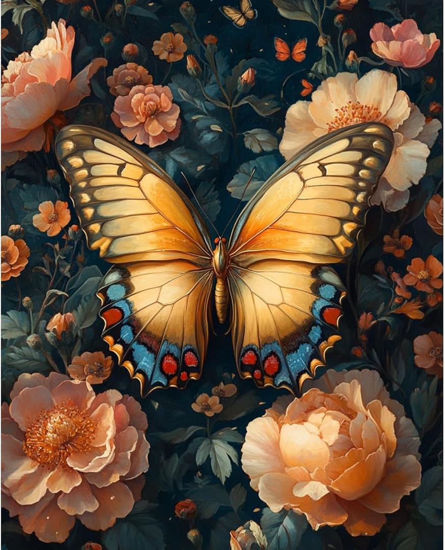 obterie Butterfly Paint by Numbers Kit for Adults Beginner Flower Oil Painting Kit Adult Paint by Number Kits on Canvas DIY Painting for Beginners Art by Numbers for Gifts Home Wall Decor 16x20 Inch (YF033)