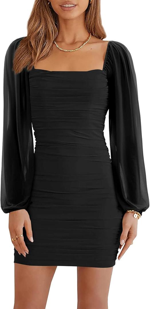 Wenrine Women's Mesh Long Sleeve Square Neck Ruched Party Club Cocktail Bodycon Mini Dress (Medium, Black)
