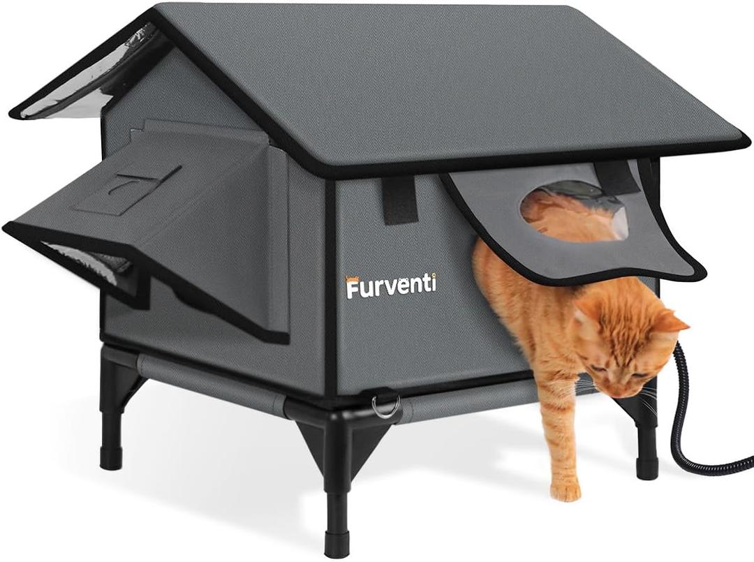 Heated Cat House for Outside,Extremely Weatherproof&Insulated in Winter,Elevated Outdoor Cat Shelter with Waterproof Eaves&Escape Door for Feral Stray Barn Cats(Dark Grey,S)