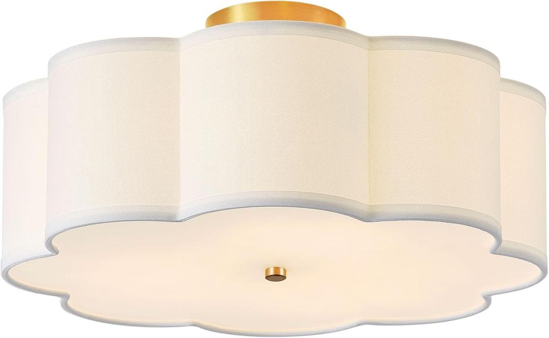17.7" Semi Flush Mount Ceiling Light Fixture, 3-Light Modern Close to Ceiling Light with Fabric Flower-Shaped Shade, Light Fixtures Ceiling Mount for Bedroom Nursery(Gold)