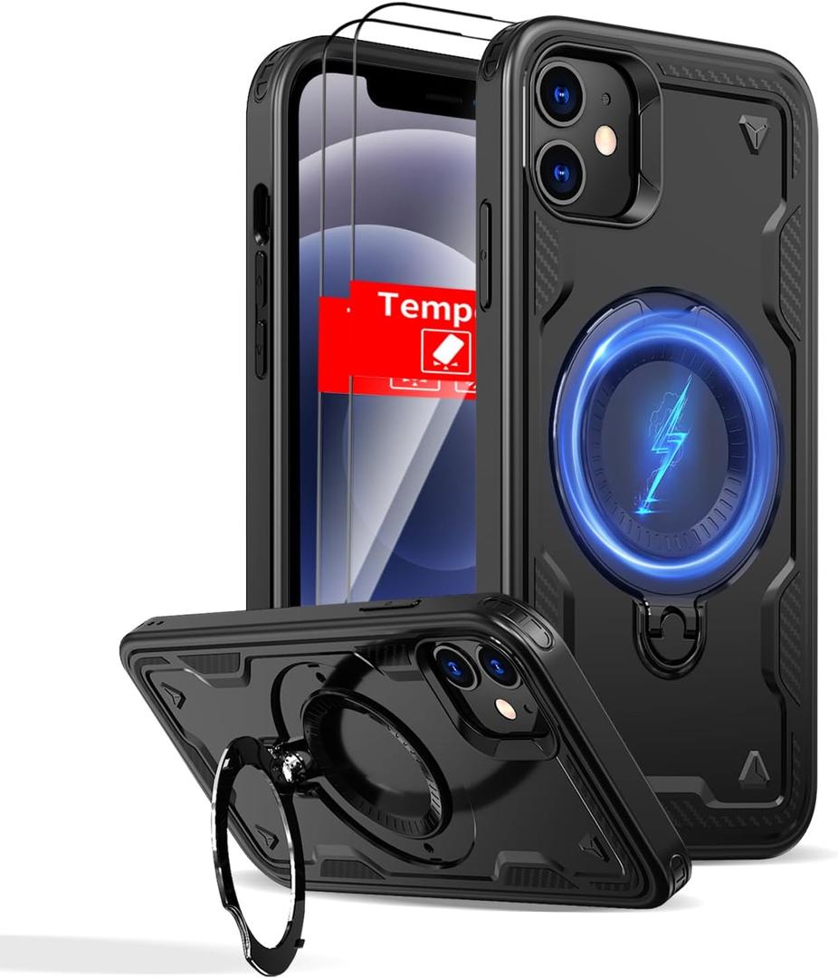 for iPhone 12 Case Magnetic,for iPhone 12 Pro Case Magnetic Compatible with MagSafe Wireless Charger,with Stand Ring+ 2 Screen Protectors,Heavy Duty Protection Military Grade Shockproof Black