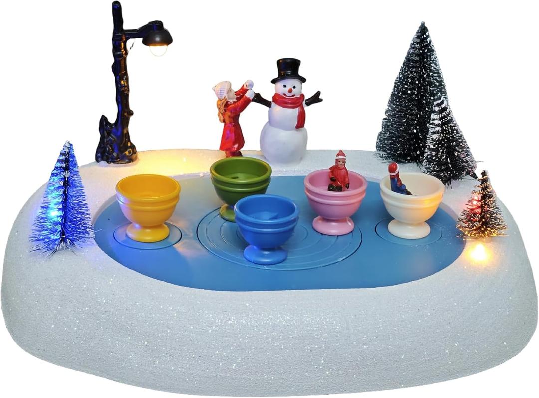Christmas Village Teacup Ride, Lighted Animated Musical Spinning Teacups Winter Snow Village Indoor Decorations for Adults and Kids Gift