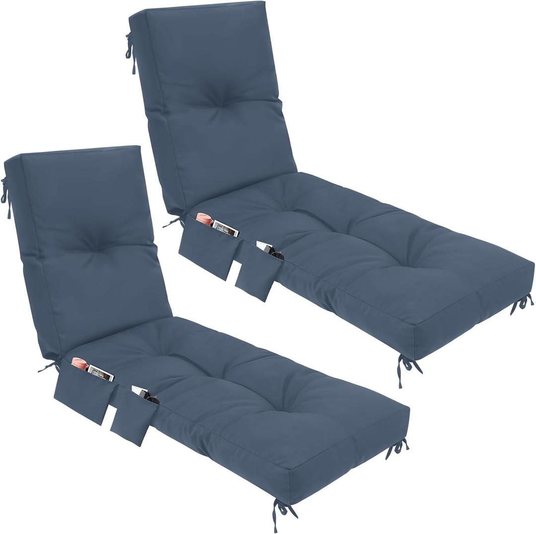 2 Pcs Outdoor Chaise Lounge Cushions with 3 Side Pocket 76x22x6 Inch Waterproof Long Deck Reclining Chair Cushions Fade Resistant Replacement Cushion for Furniture Lawn Pool (Blue Gray,Solid Color)