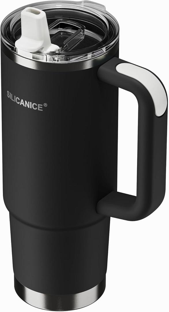 30oz Hygienic Insulated Tumbler with Handle 100% Leakproof Lid with Removable Spout & Straw, Reinforced Vacuum-Protection Base, Cup Holder Friendly, for Travel/Gym/Office- Black