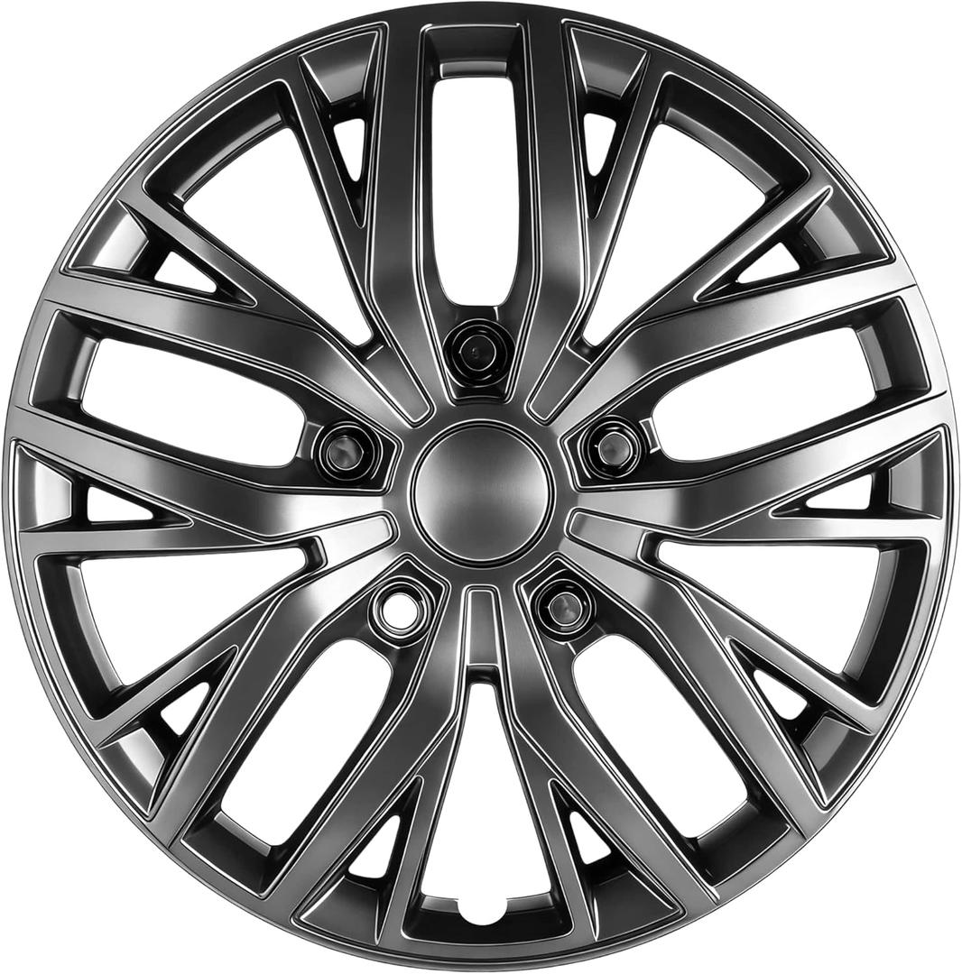 17-Inch Silver ABS Hubcaps with Steel Rings & Adjusters, Patented Design, Universal Fit, Set of 4 Wheel Covers (Gunmetal Grey)