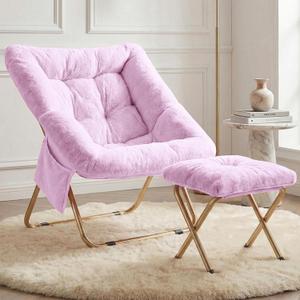 Comfy Saucer Chair for Adults, Foldable Living Room Chairs, Soft Faux Fur Lounge Chair for Bedroom, Reading Chairs, X-Large (Ottoman-Lavender), 27.5" X 18" X 20.5"