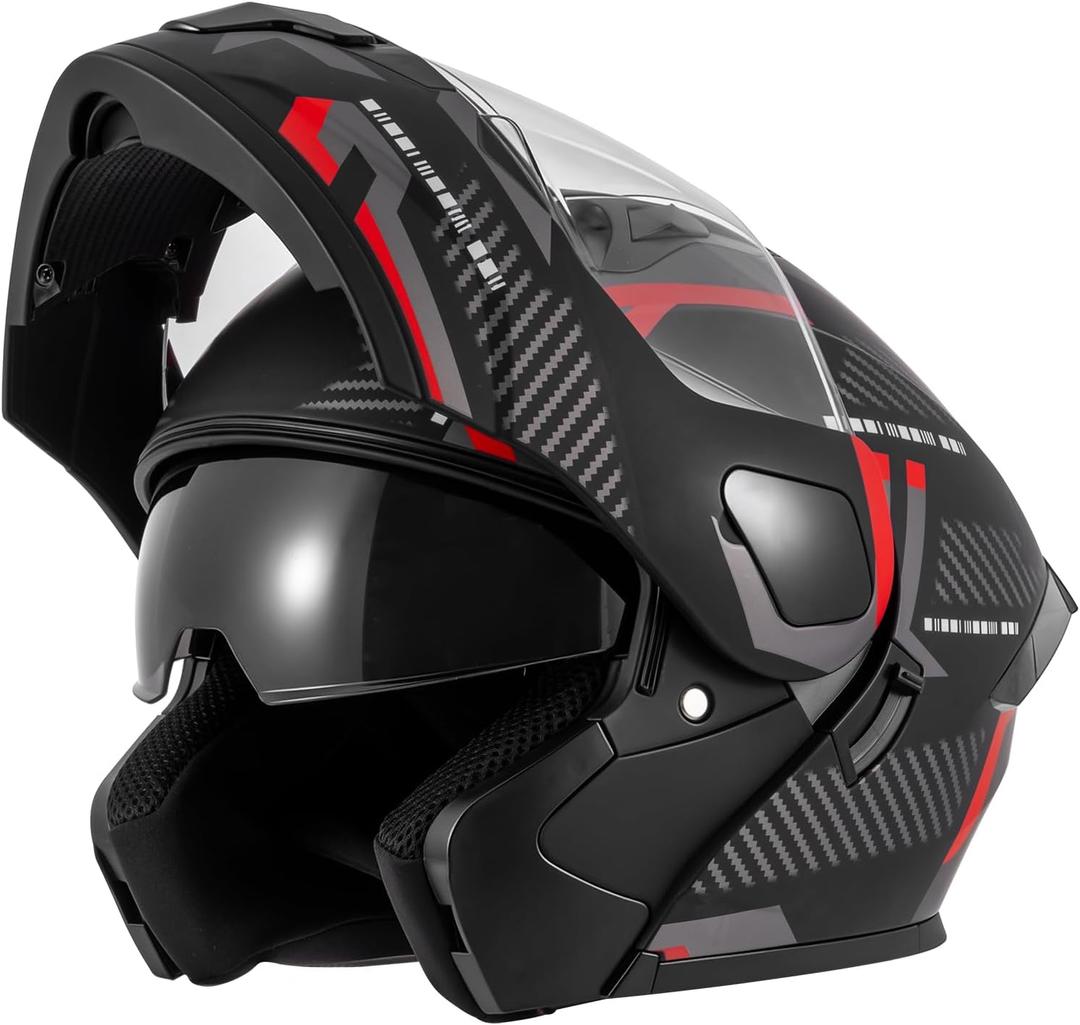 Adult Motorcycle Helmets Modular Flip-Up Full Face Helmet, DOT (Red, L)