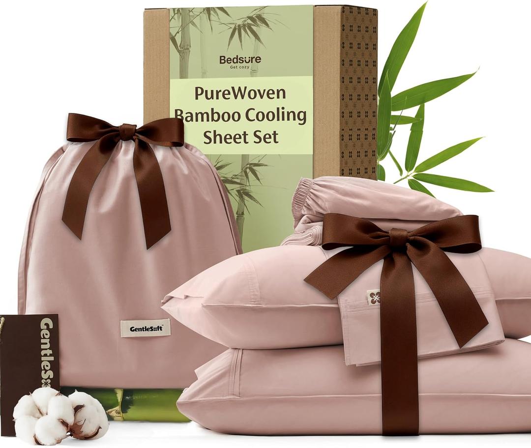 Bedsure Bamboo Viscose Cooling Sheets, Rayon Cotton Serene Blend, PureWoven, Breathable & Buttery Soft King Size Sheets Set, Deep Pocket Up to 18", Hotel Luxury Bedding for Hot Sleepers, Rose Pink