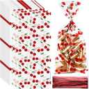 Yexiya 100pcs Red Cherries Cellophane Clear Treat Bags Goodie Gift Bag with Ribbon Bows Cherry Printed Plastic Candy Snack Bags for Baby Shower Wedding Birthday Party Favors
