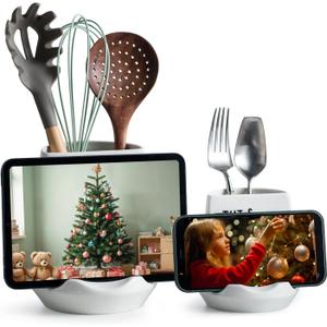 Utensil Holder, 6.7"+4.5" Ceramic Kitchen Utensil Holder for Countertop with Recipe Stand Cooking Utensil Crocks for Kitchen Counter, Morden Utensil Organizer for Spatula, Set of 2, White