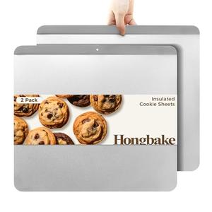 HONGBAKE 2 Pieces Large Flat Cookie Sheet No Edges, Nonstick Insulated Baking Pan, Commercial Oven Trays for Cooking, 16" X 14", Grey