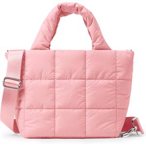 KALIDI Quilted Tote Bag Small Puffer Crossbody Bag for Women Lightweight Nylon Puffy Shoulder Handbag with Adjustable Strap (Pink)