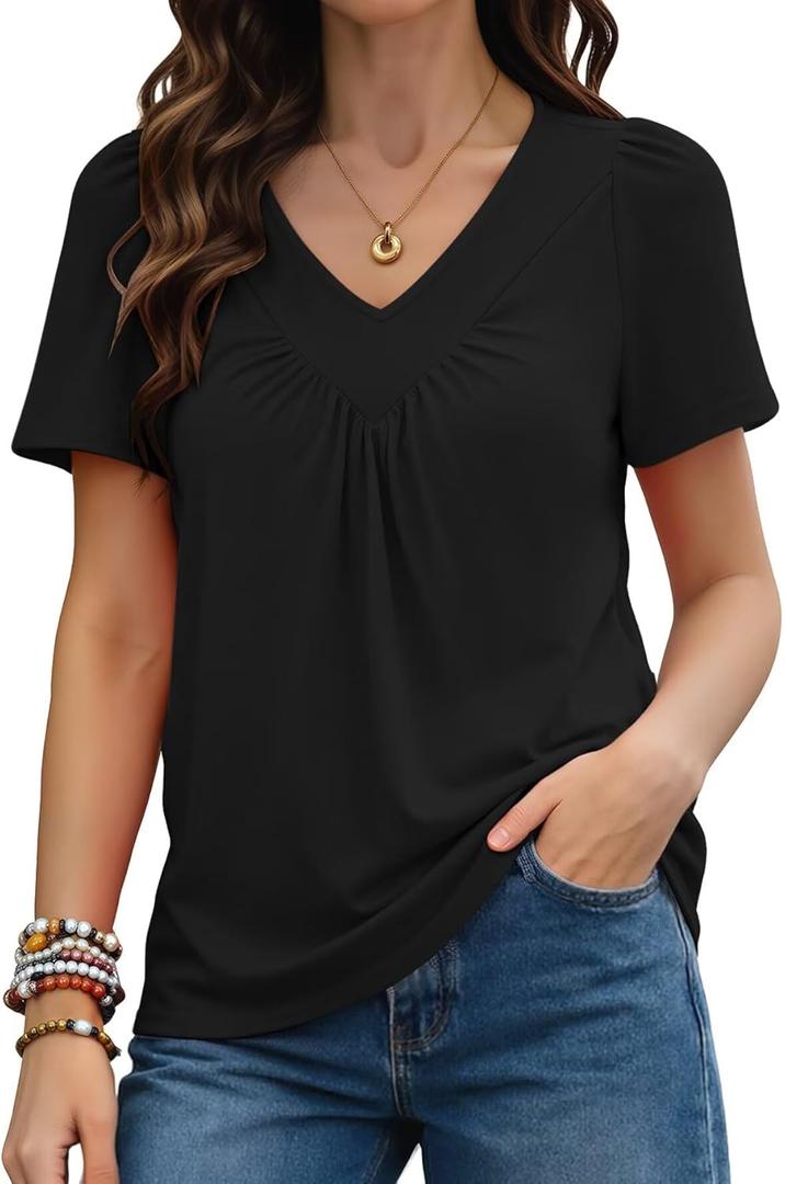 KKJ Womens T Shirts Ruched V Neck Puff Short Sleeve 2026 Dressy Casual Blouses Spring Summer Loose Fit Tops Business Clothes L