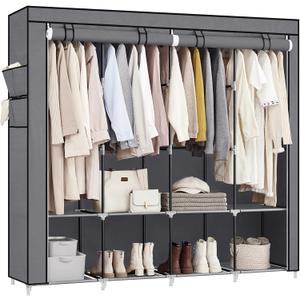 SONGMICS Portable Closet, Wardrobe Closet Organizer with Cover, 4 Hanging Rods and Shelves, 4 Side Pockets, 66.9 x 17.7 x 65.7 Inches, Large Capacity for Bedroom, Living Room, Gray URYG094G02 (Grey)