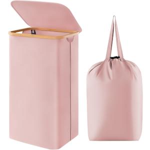 Lifewit 100L Laundry Basket with Lid, Clothes Hampers for Laundry with Bamboo Handles and A Removable Laundry Bag, Large Foldable Hamper for Bedroom, Bathroom, Dorm, Laundry Room, Pink