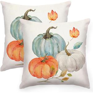 RABUSOFA Fall Pumpkin Pillow Covers 18x18 Set of 2,Thanksgiving Orange Leaves Outdoor Autumn Decoration for Home Sofa Couch Cushion Cases (Aqua&Orange, 18" x 18" (Pack of 2))