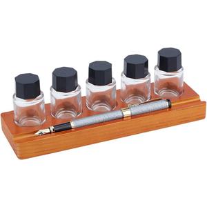 BENECREAT 5-Hole Calligraphy Ink Pot Holder Set, Wood Bottle Organizer Stands & 5Pcs Glass Fountain Pen Ink Bottle15ml/ 0.5oz Decorative Desk Organizer for Office and Home Writing