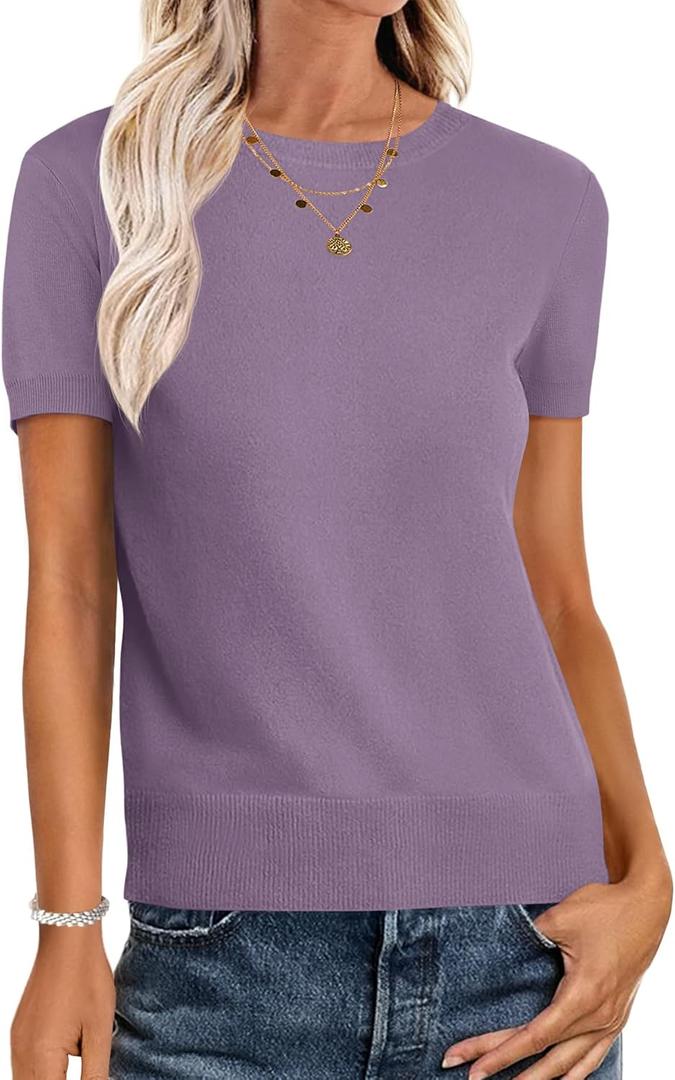ANRABESS Womens Short Sleeve Sweaters Wool Blend Crew Neck Sweater Shirts Business Casual Work Tops 2025 Summer Outfits (X-Large, Grey Purple)