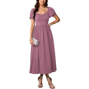 Womens Maxi Dress Wedding Guest Cocktail Short Sleeve Square Neck Ruched Formal Party Flowy Summer Dresses for Women, L