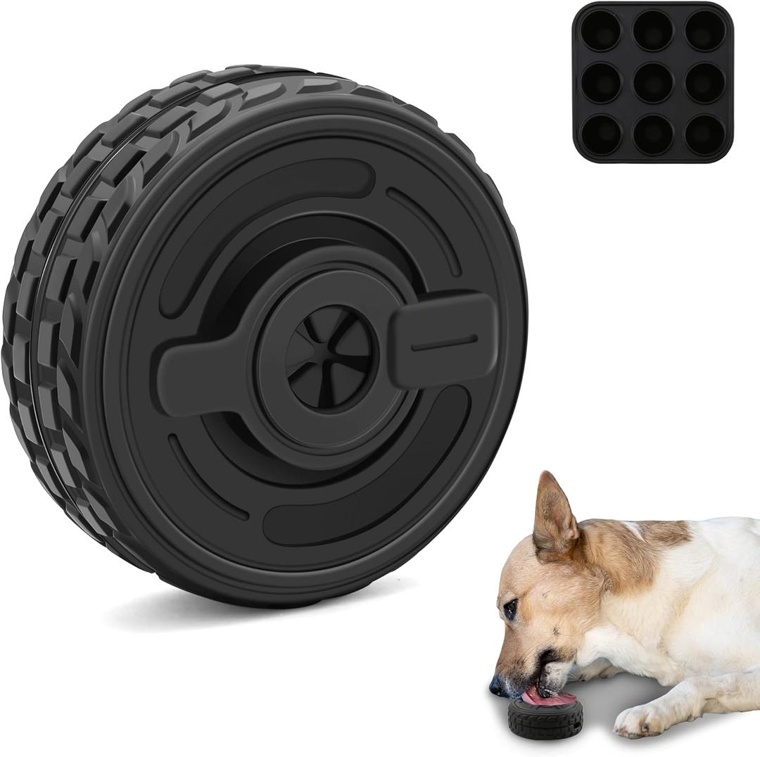 3-in-1 Dog Treat Toy for Aggressive Chewer, Natural Rubber Dog Puzzle, Bully Stick Holder, Frozen Treat Dispensing Toy for Small Medium Large Breeds (Black)