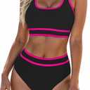 Blooming Jelly Womens High Waist Bikini Sets Sporty Color Block Two Piece Swimsuits Scoop Neck Cheeky Bathing Suits (Medium, Black Pink)