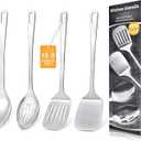 4 Pcs Cooking Utensils Set, Stainless Steel Kitchen Utensils, Heat Resistant Metal Kitchen Tools Include Solid & Slotted Turner Wok Spatula, Serving Spoon, Ergonomic Handle, Easy to Clean, Silver