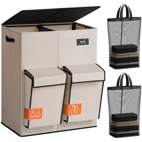 SOLEDI Double Laundry Hamper with Lid, 47.8 Gal (180L) Large Laundr Basket 2 Section with 2 Side Pockets, Dirty Clothes Hamper with Removable Bag, Easy to Carry for Laundry Room, Bedroom, Light taupe