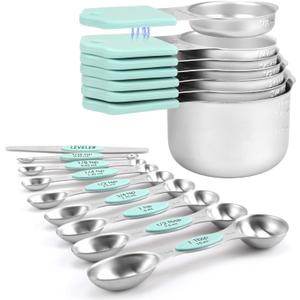 Magnetic Measuring Cups and Spoons Set-Heavy Duty 304 Stainless SteelDouble Measurement MarkingsSet of 16 with Leveler for Measure Dry and Liquid Ingredients (Mint)
