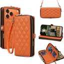 Rssviss Crossbody Case for iPhone 17 Pro Max Case Wallet, RFID Blocking Leather with Card Holder Kickstand, Handbag Zipper Flip Cover with Wrist Strap for iPhone 17 Pro Max Men Women 6.9", Orange