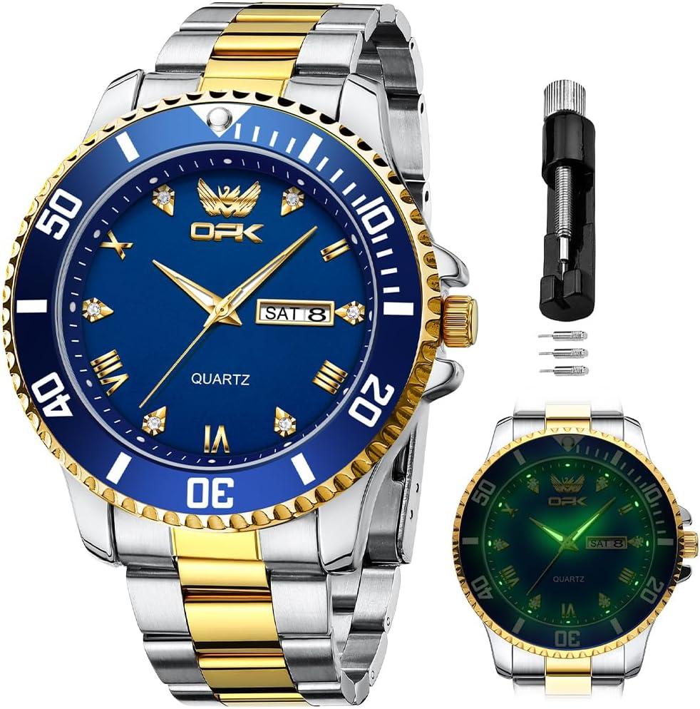 OPK Watches for Men Diamond Roman Analog Mens Watches Waterproof Large Stainless Steel Men Wrist Watch Business Father Gift Watch Blue