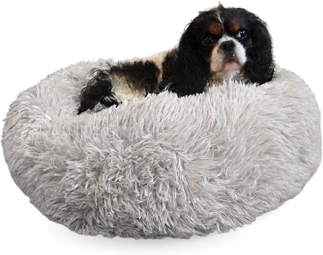 Active Pets Premium Small Donut Dog Bed, Fits Up to 45 lbs, Machine Washable Cushion, Plush Long Pile Faux Fur Fabric, Portable Light Grey Pet Bed Furniture for Puppies Adult Canines & Cats
