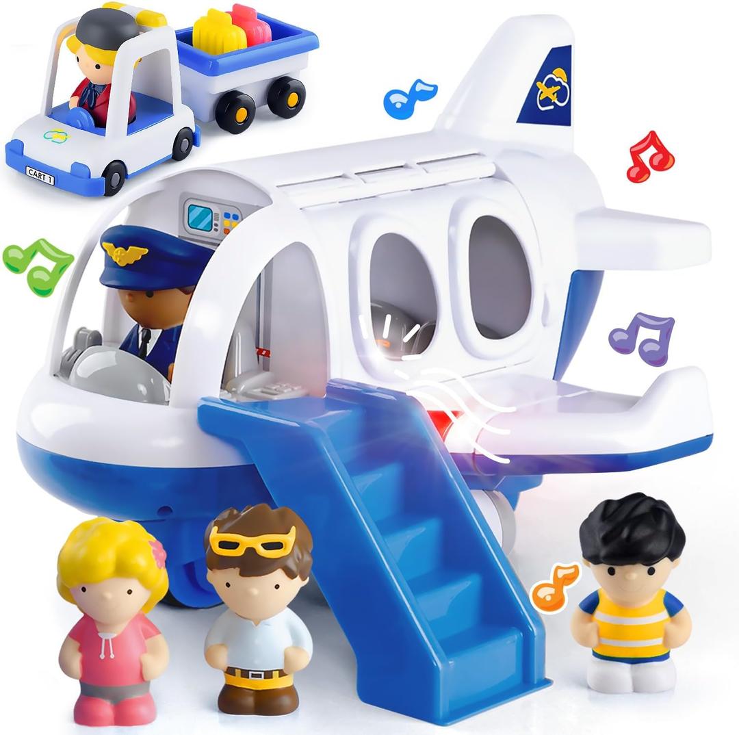 PLAY Airplane Toy for Kids - Toddler Airplane Toys Travel Plane Toys for Kids 2+ Years Old with Small Figures & Baggage Carrier, Musical Toy Airplane with Lights for Boys Girls Gifts Birthday (Blue)