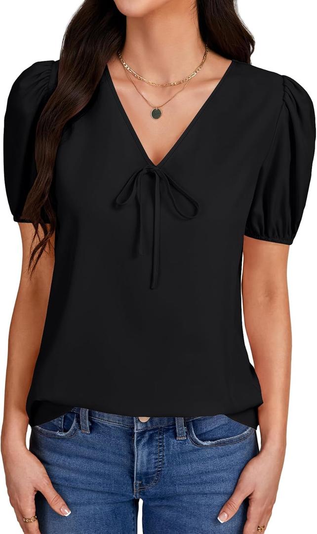 LYANER Women's Ruched Puff Sleeve V Neck Tie Knot Loose Fit Dressy Casual Blouse Shirt Top (Black, M)