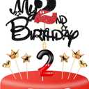 2nd Birthday Cake Decorations, Two Years Old Birthday Numeral 2 Cake Candles and Glitter Cartoon Black Red Cake Toppers Set for Birthday Party Supplies (Number 2, Red)