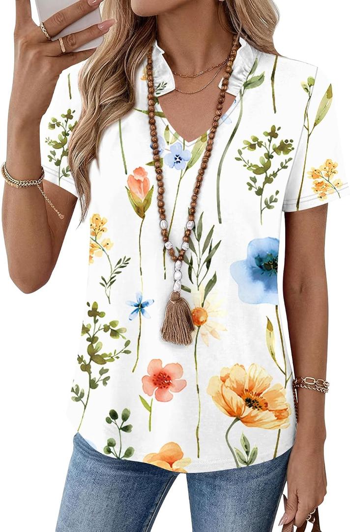 Kistore Womens Summer Tops Short Sleeve V Neck Casual Shirts Beach Vacation Dressy Work Blouses (L)