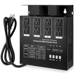 DMX 4-Channel Dimmer Pack with DMX512 Protocol Compatible with High-Voltage Halogen and LED Bulbs, 20A Max, Silicon Box for Stage Lighting Control