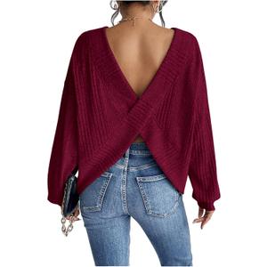 SweatyRocks Women's Criss Cross Round Neck Pullover Sweaters Long Sleeve Loose Cut Out Back Knit Tee Tops Backless Shirts (Large, Red Violet)