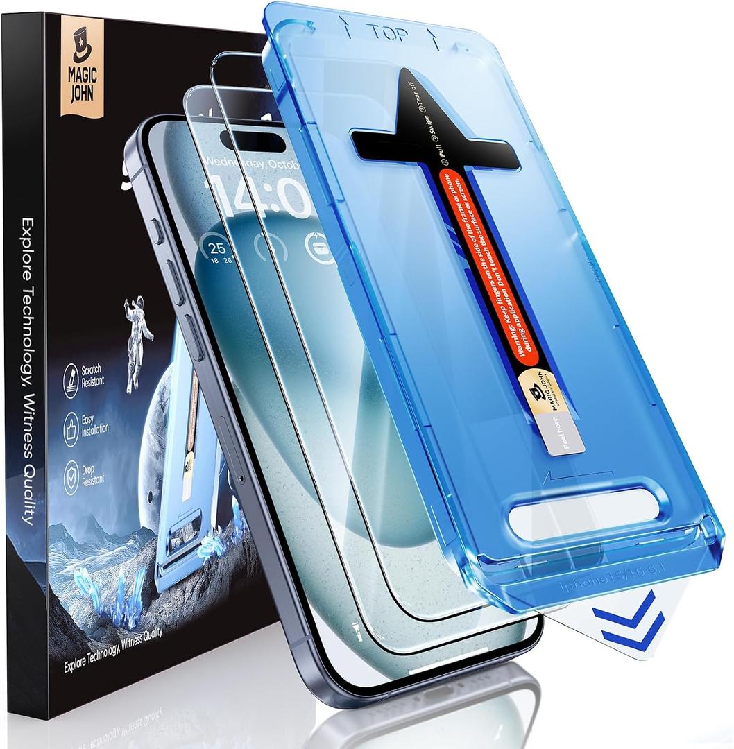 MAGIC JOHN 2 Pack for iPhone 15 Tempered Glass Screen Protector 6.1 inch [Not Max], Auto Dust-Elimination Installation, Bubble Free, Dynamic Island Compatible, HD Clear, Easy Installation