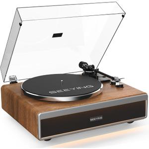 SeeYing Vinyl Record Player with Built in HiFi Speakers, Bluetooth Belt Drive Turntable for Vinyl Records with Magnetic Cartridge, Auto Stop and Warm Light Design