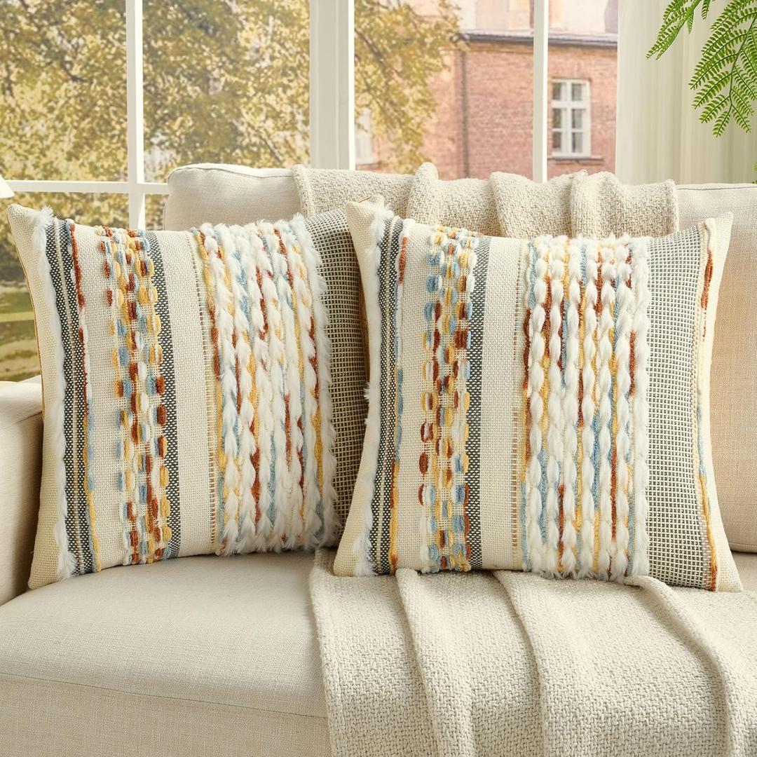 FUTEI 2 Pack Tufted Throw Pillow Covers Covers 45x45 cm,Rust+Blue+Yellow | Plush Tufted Striped Chenille Front/Premium Velvet Back,Hidden Zipper,Machine Washable,Non-Shedding,Colorfast,No Inserts.