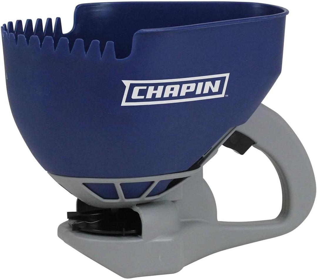 Chapin 8705A 1.6-Liter (0.3-Gallon) Ice Melt and Salt Hand Crank Spreader, Poly Toothed Edge Scoop with Thumb Control Gate and Impeller, Ideal for Small Spaces, Blue