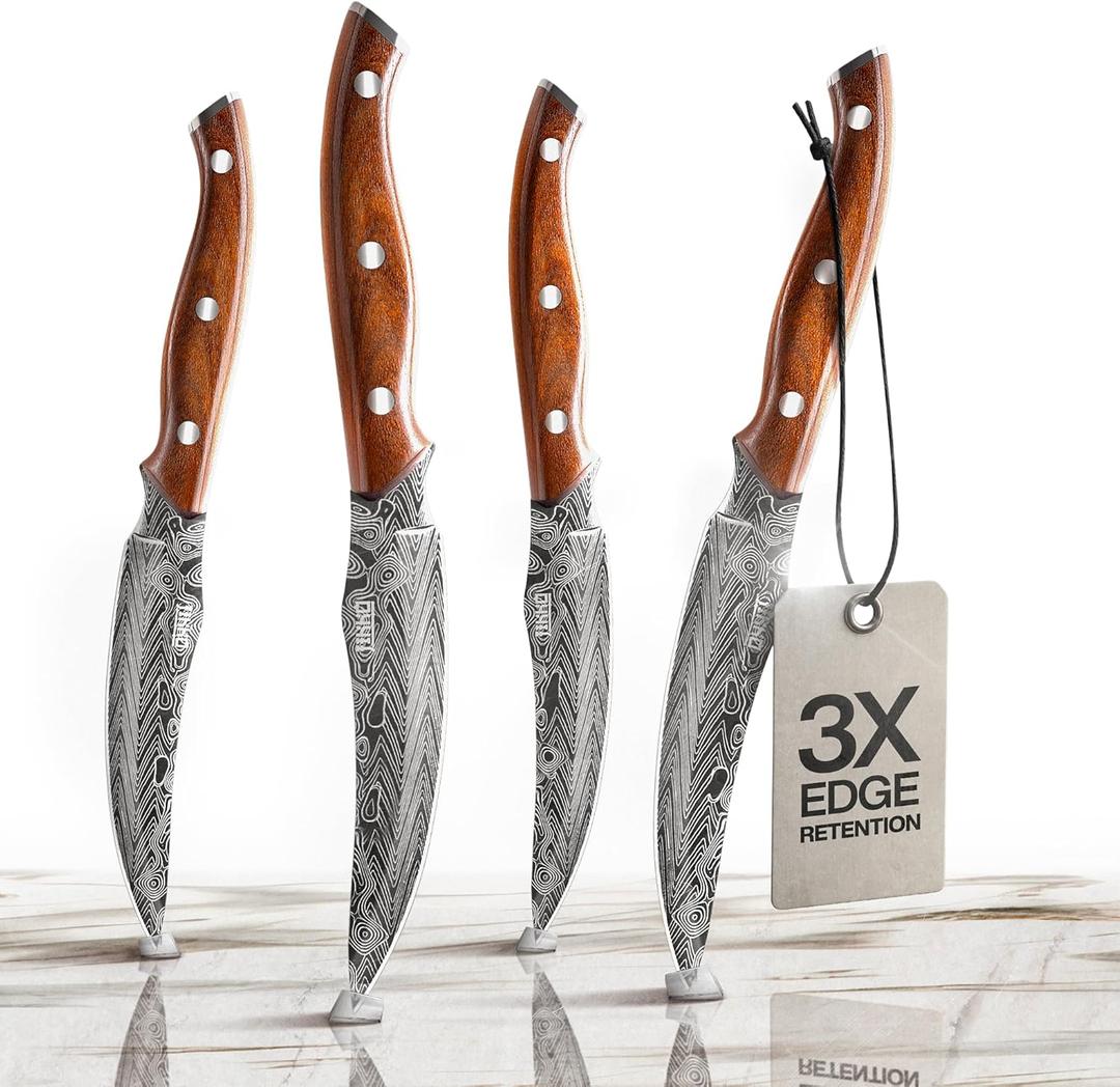 Jikko Bushido Edition Japanese AUS-8 Steak Knife Set (4 pcs) with Rosewood Handles | Premium Full-Tang Carving Knives for Meat, Steak & BBQ Razor Sharp 15 Edge, Gift Collectors Box