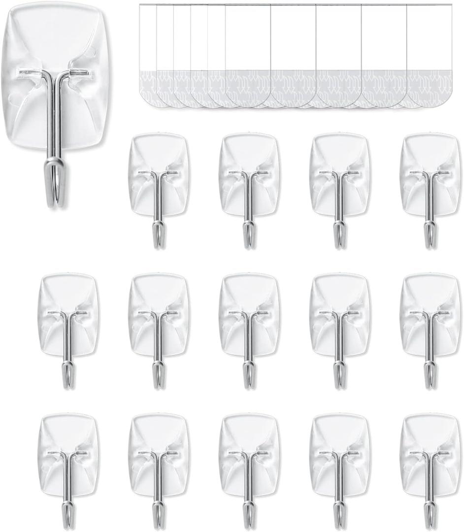 15 Small Hooks+30 Removable Strips, Clear Wire Hanger Hooks, Damage-Free Utility Hooks, Heavy Duty with Adhesive Strips, No Tools Wall Hook for Hanging, Value Pack