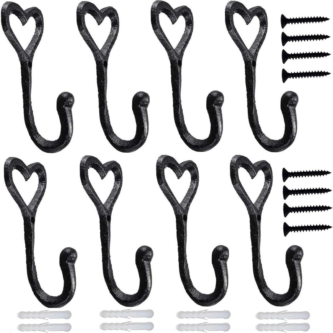 Ebliiny Decorative Wall Hooks Coat Towel Hook,8 Pcs Key Bag Hanger Coat Hooks Cast Iron Vintage Holder Love Heart Shape Home Decor,Bath Kitchen Garage Hanging Scarf Cap Cup Hat Purse Robes Hook