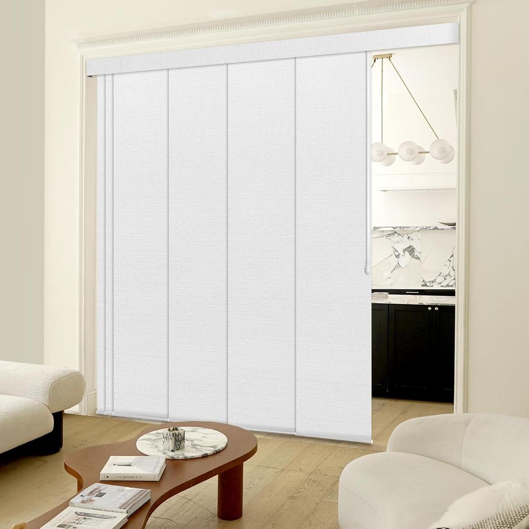 Heefen Adjustable Panel Track Blinds Blackout Vertical Blinds with Valance, Sliding Glass Door Blinds, Room Dividers, Retractable Track from 74" to 133" W, Trimmable Panel Up to 102" H (White)
