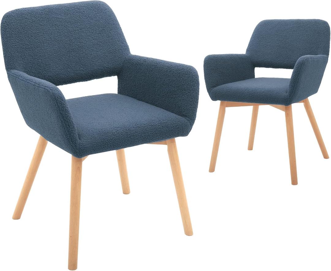 CangLong Upholstered Cushion Leisure Modern Living Dining Room Accent Arm Chairs Club Guest with Solid Wood Legs, Set of 2, Fleece Blue